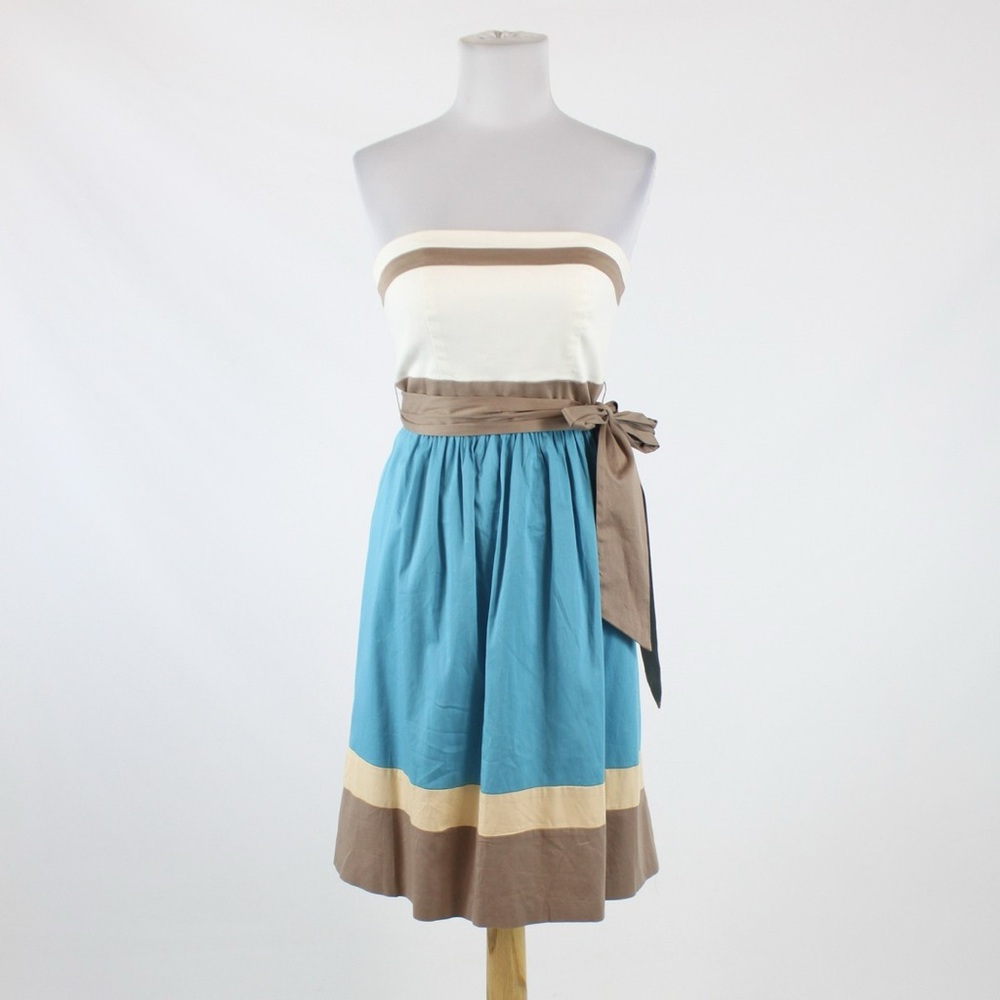 Blue Ivory & Brown Strapless Knee Length Dress - BCBG, Size 4 Small